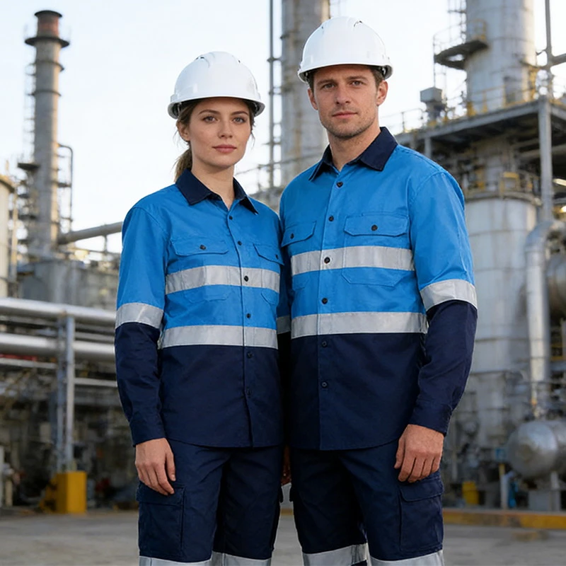 Custom high visibility cotton work shirt with reflective tape and chest pockets for industrial uniforms Custom high visibility cotton work shirt with reflective tape and chest pockets for industrial uniforms