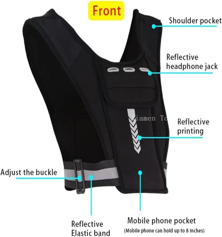 Front view of black reflective hydration running safety vest with phone pocket and adjustable waist strap Front view of black reflective hydration running safety vest with phone pocket and adjustable waist strap